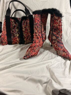 Ramon Tenza Red and Black Brocade Fur-Trim Boots with Matching Tote